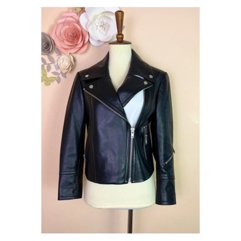 New! YIGAL AZROUEL Paneled Color Block Leather Moto Jacket in Black and White - Picture 9 of 13